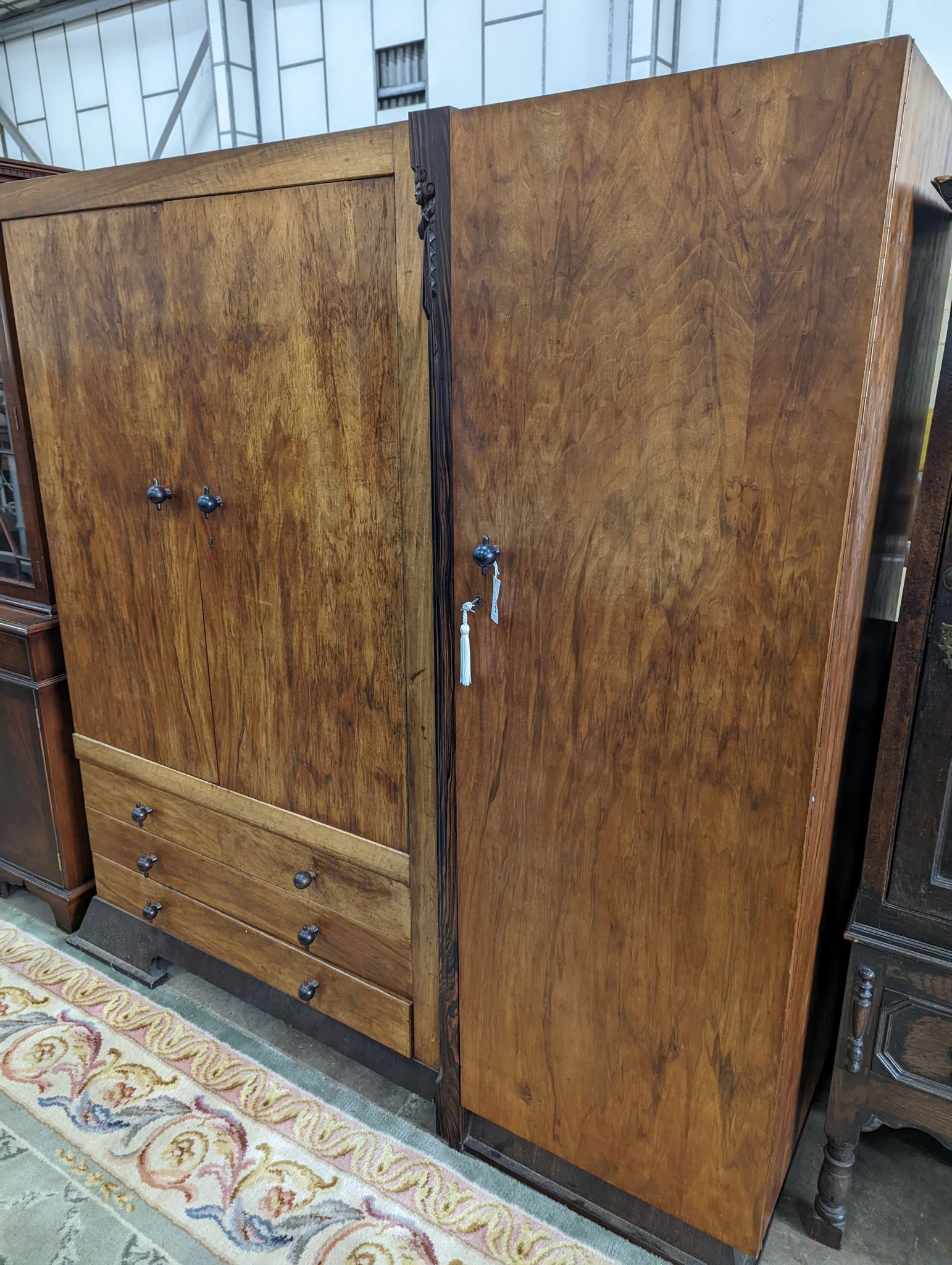 An early 20th century Japanese influence walnut and rosewood compactum wardrobe, length 166cm, depth 59cm, height 183cm